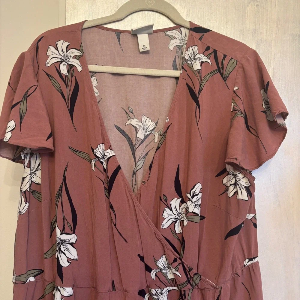 Ava & Viv Plus Size Floral Wrap Maxi‎ Dress Mauve Short Sleeve - Picture 4 of 6